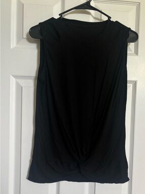 Women's Black Sleeveless Ribbed Tank with Twist-Hem and Shoulder Details